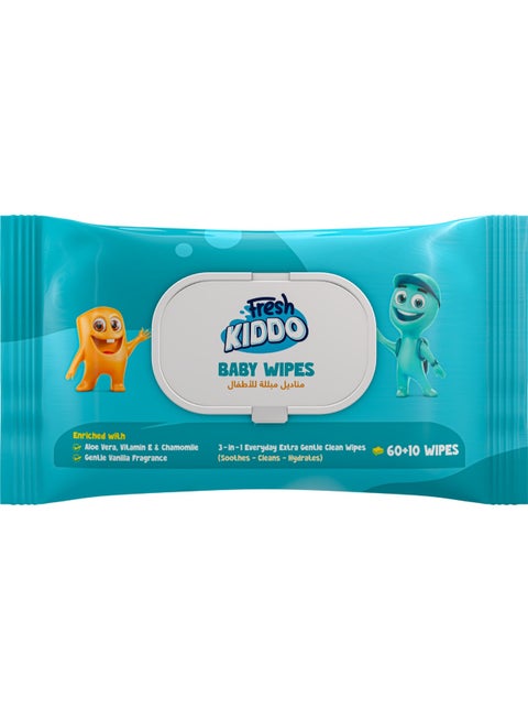 Fresh Kiddo Baby Wipes Ultra-Gentle & Moisturizing for Sensitive Skin with Aloe Vera, Vitamin E & Chamomile - 70 Pcs